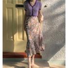 Short-sleeve Knit Top / Floral Print Midi Mermaid Skirt
