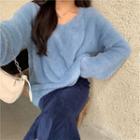 Plain V-neck Loose-fit Sweater / Corduroy Skirt