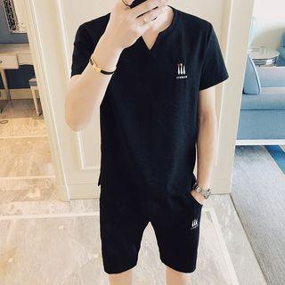 Set: V-neck Short-sleeve T-shirt + Embroidered Shorts