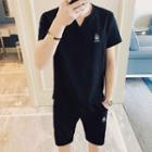 Set: V-neck Short-sleeve T-shirt + Embroidered Shorts