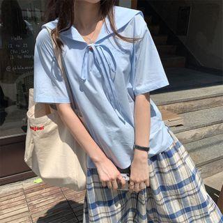 Plain Sailor-collar Lace-up Shirt