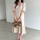 Balloon-sleeve Shirred Midi Dress