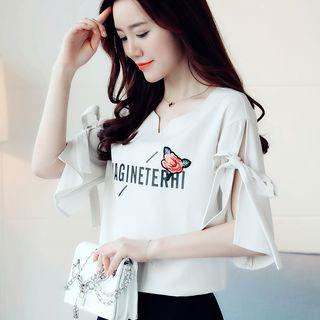 Tied-sleeve Lettering Chiffon Top