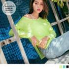 Long Sleeve Mesh Panel Striped Slit Sport T-shirt