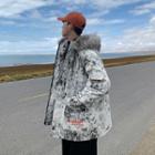 Faux Fur Hooded Tie Dye Lettering Padded Coat