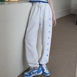 Heart Embroidered Drawstring-cuff Wide-leg Sweatpants