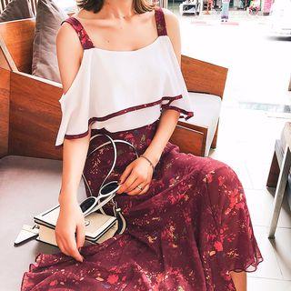 Set: Elbow-sleeve Cutout Chiffon Top + Midi Skirt