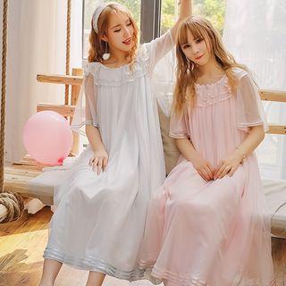 Ruffle Mesh Short-sleeve Nightdress
