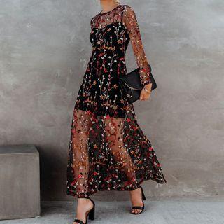 Set: Floral Embroidered Mesh Midi Dress + Spaghetti Strap Sheath Mini Dress