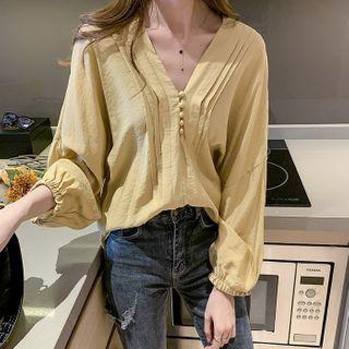 Long-sleeve Buttoned V-neck Blouse