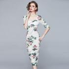 Floral Shirred Midi Bodycon Dress
