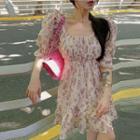 Square-neck Floral Puff-sleeve Dress As Shown In Figure - One Size