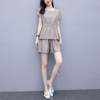 Set: Short-sleeve Linen Top + Wide-leg Shorts