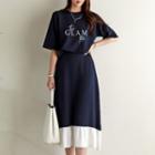 Set: Letter T-shirt + Contrast-frilled Long Skirt