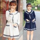 Set: Sailor Collar Top + Striped Trim Dress