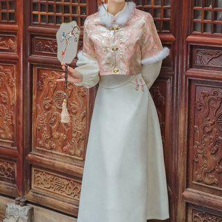 Set: Elbow-sleeve Cropped Jacket + Long-sleeve Midi A-line Dress