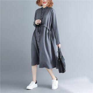 Long-sleeve Striped A-line Midi Shirt Dress