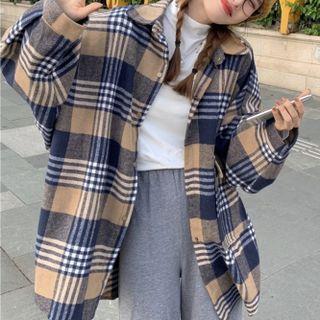 Plaid Shirt Jacket Blue & Almond - One Size