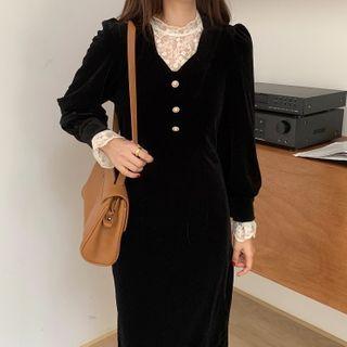 Plain Velvet Midi Sheath Dress / Lace Long-sleeve Top