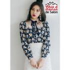 Tie-neck Lace-yoke Floral Blouse