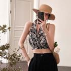 Floral Cropped Halter Top Black & White - One Size