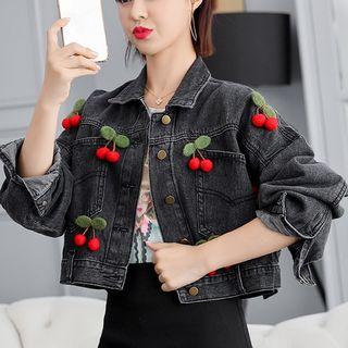 Long-sleeve Cherry Pin Denim Jacket