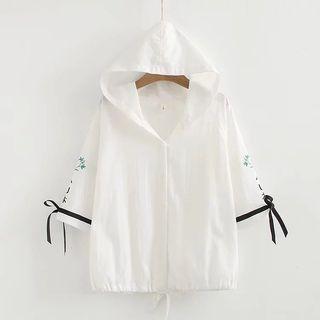 Printed Lace Up Elbow-sleeve Hooded Light Jacket White - One Size