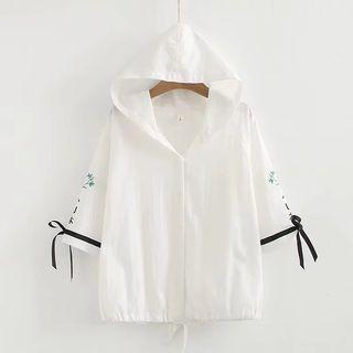 Printed Lace Up Elbow-sleeve Hooded Light Jacket White - One Size