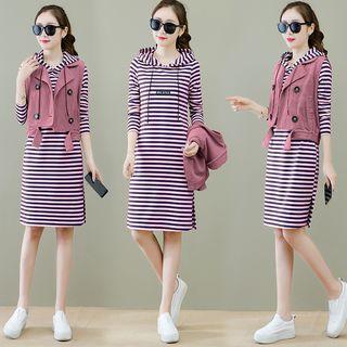 Set: Striped Hooded Long-sleeve T-shirt Dress + Double-breasted Vest