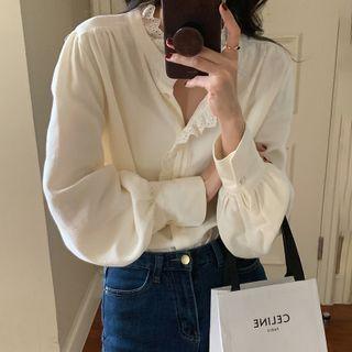 Plain Lace Trim Blouse White - One Size