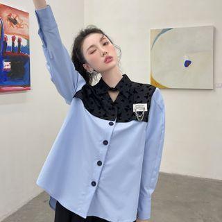 Butterfly Print Paneled Chained Cutout Shirt