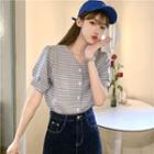 Short-sleeve Check Button-up Blouse