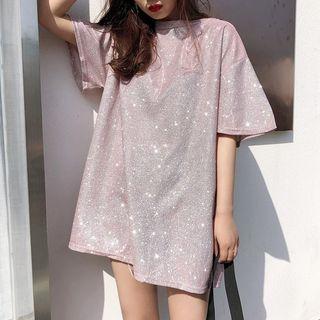 Elbow-sleeve Star Patterned Oversized Top