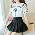 Sailor Collar Short-sleeve Blouse / Mini A-line Pleated Skirt / Set