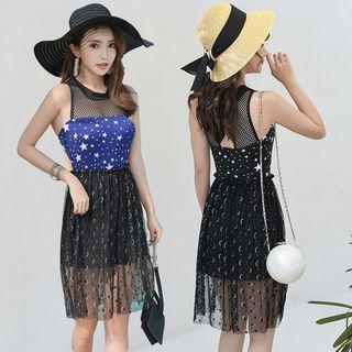 Set: Fishnet Paneled Star Patterned Swimsuit + Moon Patterned Mesh Cover-up Skirt