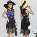 Set: Fishnet Paneled Star Patterned Swimsuit + Moon Patterned Mesh Cover-up Skirt