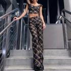 Short-sleeve Cropped Plaid Blouse / Wide Leg Pants