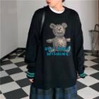 Bear Printed Sweater / Plaid Midi Skirt