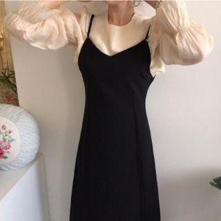 Puff-sleeve Blouse / Midi Overall Dress