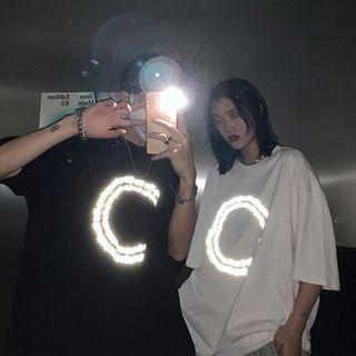 Reflective Lettering Elbow-sleeve T-shirt