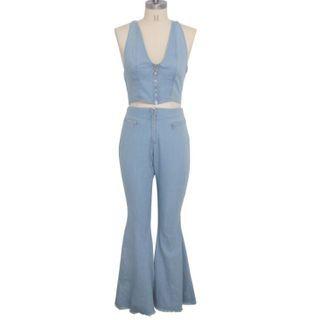 Set: Halter-neck Denim Camisole Top + Bell-bottom Jeans
