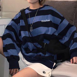 Lettering Striped Sweatshirt Stripe - Blue - One Size