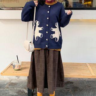 Bear Jacquard Cardigan / Plaid Midi A-line Skirt