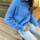 Turtle-neck Lace-up Rib-knit Top
