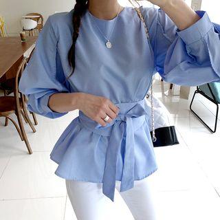 Balloon-sleeve Gingham Peplum Top