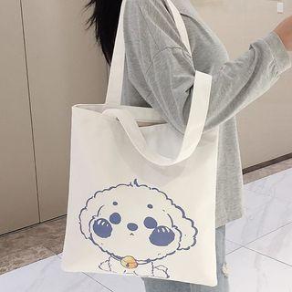 Print Canvas Tote Bag Dog - White - One Size