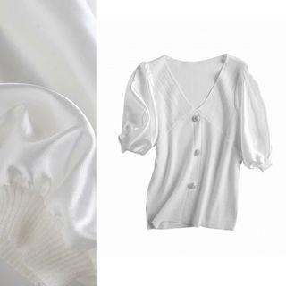 Puff Short-sleeve V-neck Knit Blouse