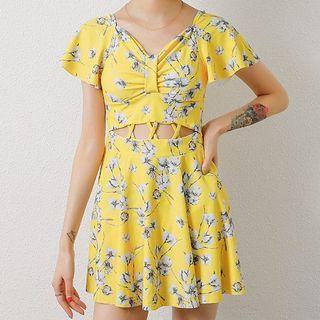 Set: Short-sleeve Cutout Swimdress + Shorts