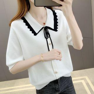 Elbow-sleeve Collar Contrast Trim Knit Top