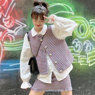 Shirt / Tweed Vest / Mini Fitted Skirt